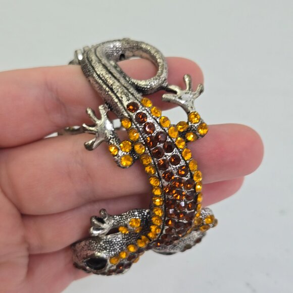 Lizard Gecko Rhinestone Bracelet Clamper Cuff Silver Tone Orange Statement - Picture 3 of 9